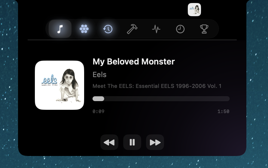 bēlouve open below the Mac notch, showing its Glance toolbar and Spotify controls